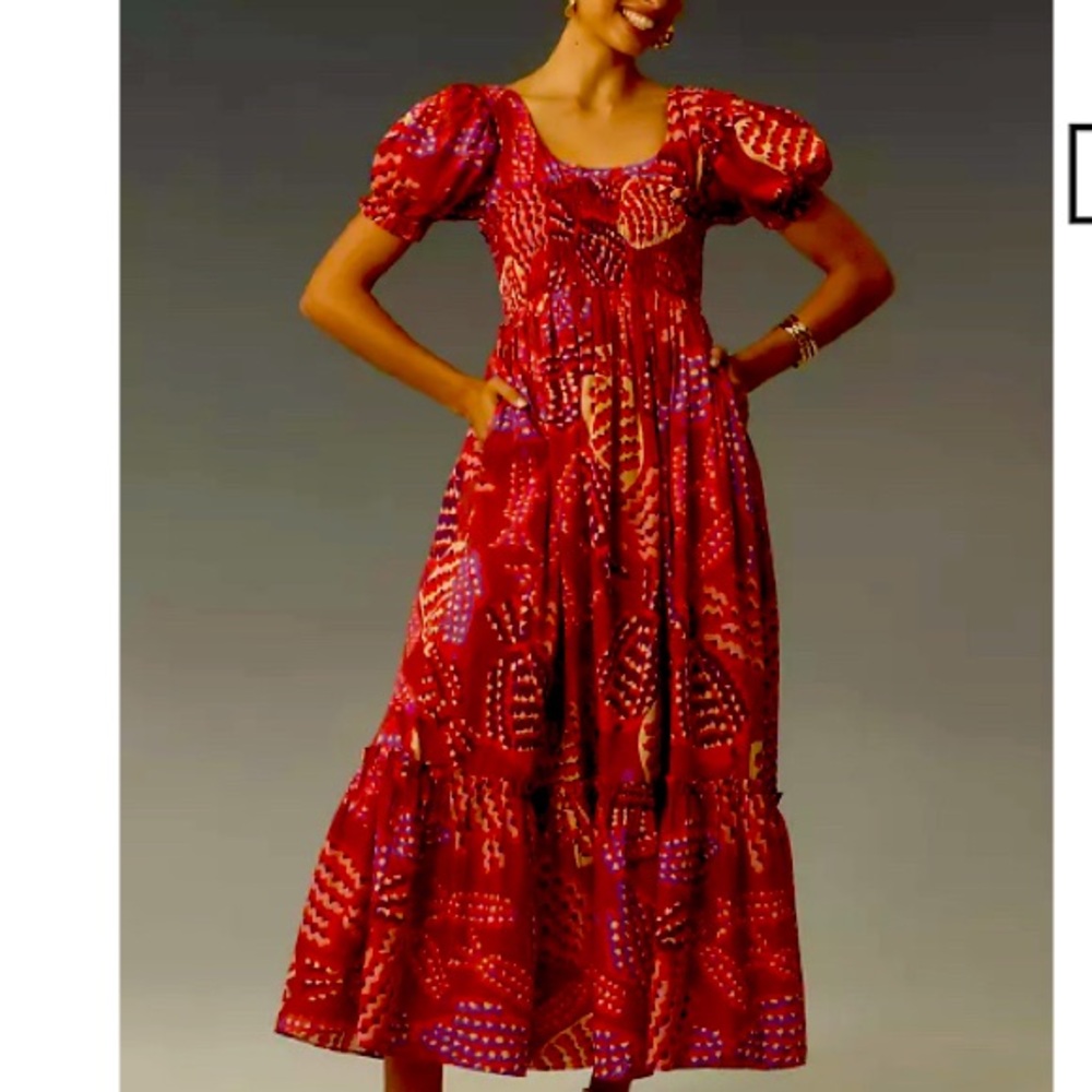 Anthropologie farm rio  puffed sleeve smocked maxi dress square neck